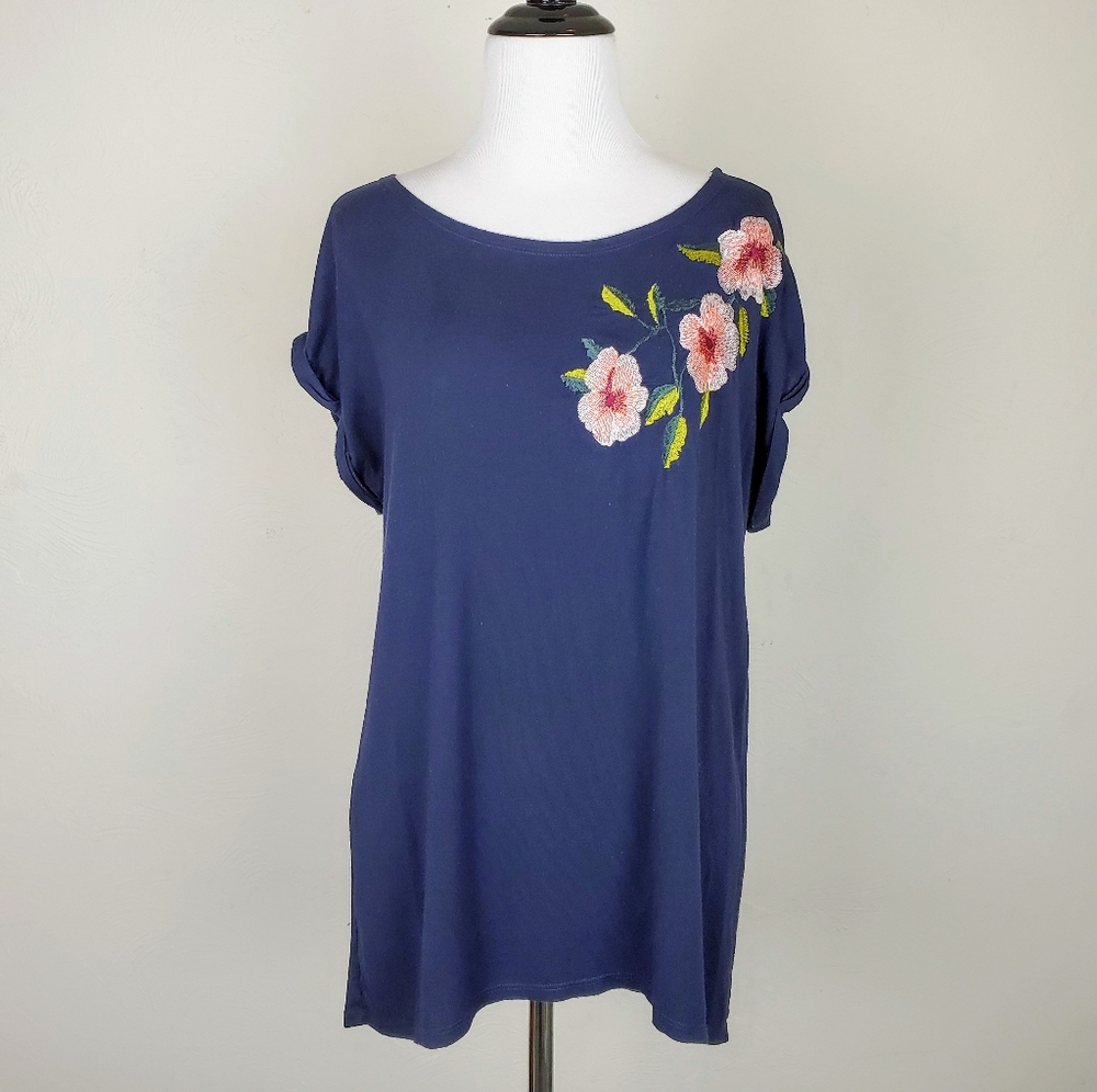 Anthropologie Top W5 Blue Pink Floral Embroidered Boho Cottagecore
